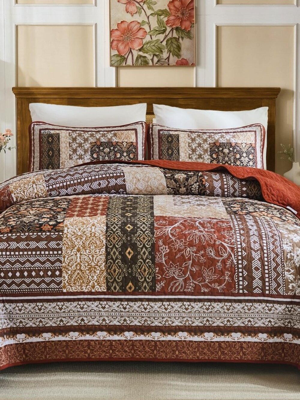 Boho Quilt Set King, 3 Pcs Brown Patchwork Bedspread Set